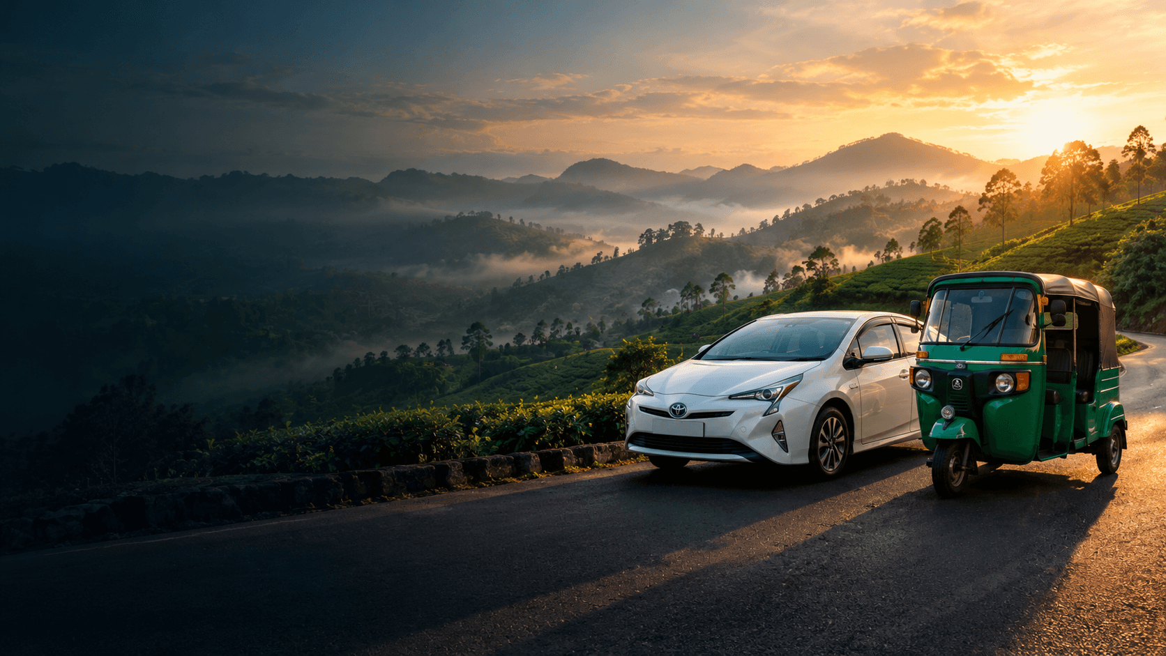 A white Toyota Prius and a green tuk tuk on a misty Sri Lankan hill-country road at golden hour, tea plantations and mountains behind them